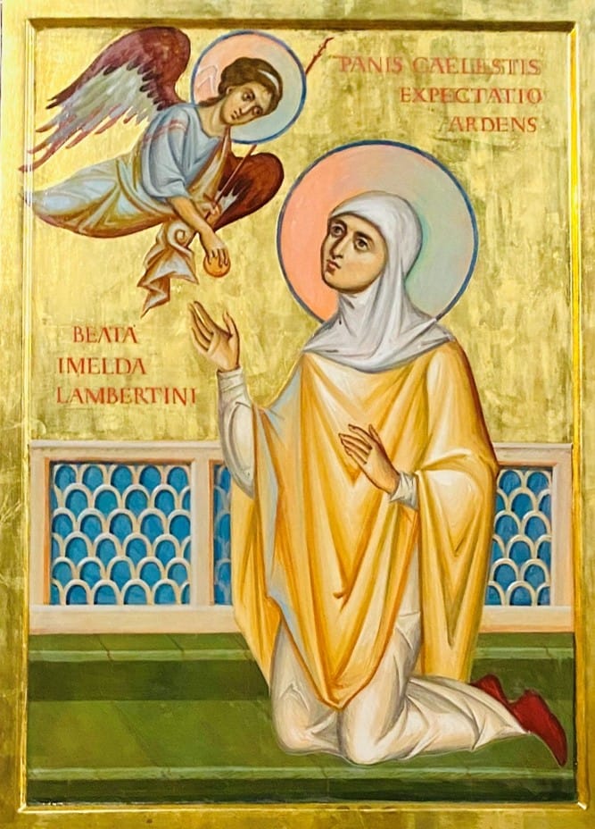 Bl. Imelda receives Bread from Heaven in a gold-framed painting at St. Sigismondo Church.
