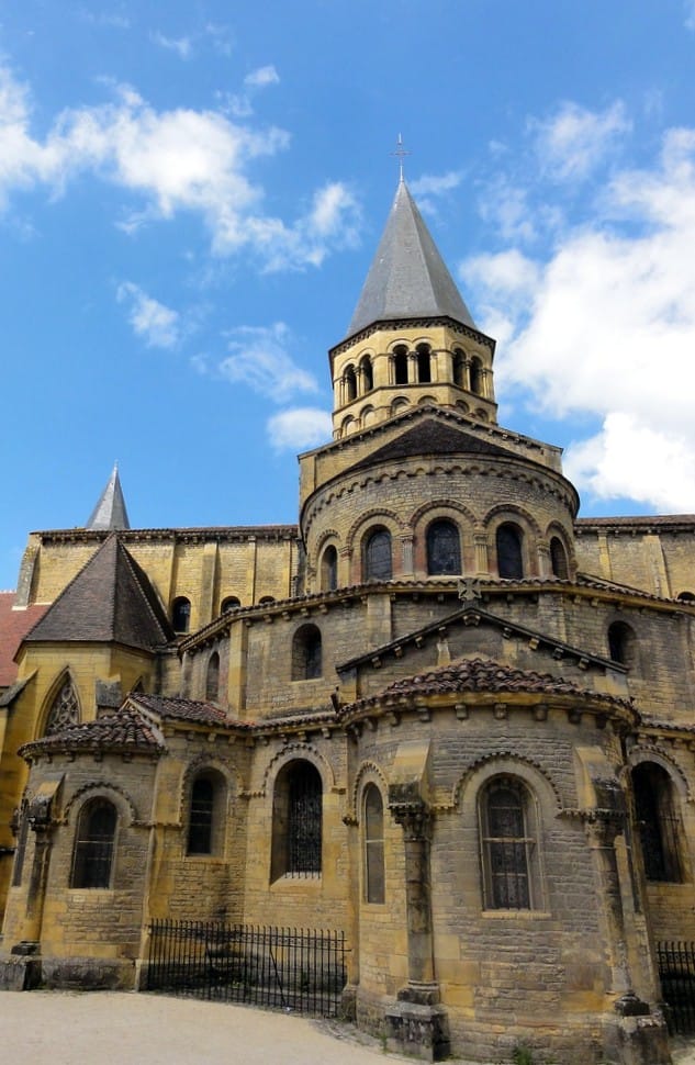 Exterior of the many-windowed stone Paray-le-Monial Shrine in France.