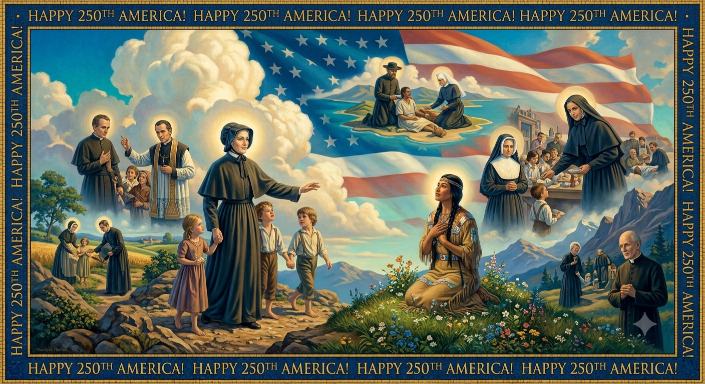 Happy 250th America! Saints and Blesseds serving the nation. Image credit: Generated with Gemini AI.